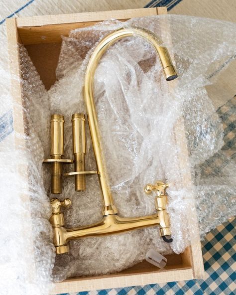 Unlacquered Brass Bridge Faucet, Unlacquered Brass Bridge Faucet With Sprayer - Etsy Brass Bridge Faucet, Unlaquered Brass, Jean Stoffer Design, Unlacquered Brass Faucet, Bridge Faucet, Miss Mustard Seed, Miss Mustard Seeds, Dream Kitchens, Brass Faucet