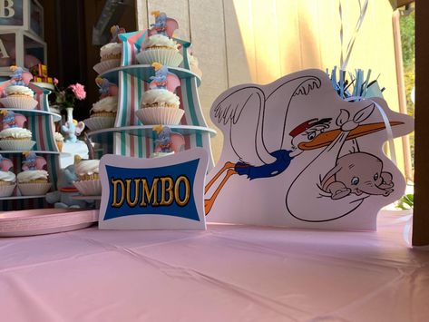 Dumbo Baby Gender Reveal Party Dumbo Gender Reveal Ideas, Dumbo Gender Reveal, Dumbo Baby Shower Theme Boys, Dumbo Themed Food, Dumbo Centerpieces, Dumbo Centerpieces Party Ideas, Dumbo Party Food, Dumbo Baby Shower Theme, Gender Reveal Themes