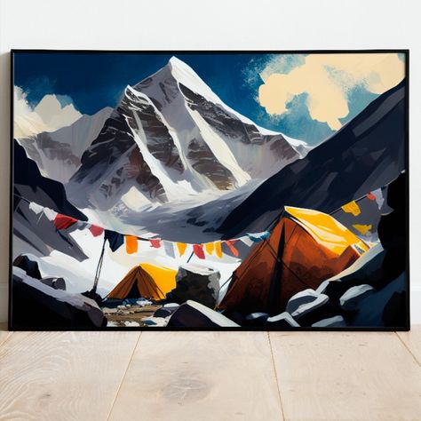 This stunning digital wall art captures the awe-inspiring beauty of Mount Everest and its base camp in a vivid and striking oil painting. The intricate details and vibrant colors of this printable art make it a perfect addition to your home or office decor. Its high-quality resolution allows you to easily print it on your home printer or take it to a professional print shop for exceptional results. This mesmerizing piece of art also makes a wonderful gift for outdoor enthusiasts. Everest Mountain, Mount Everest Base Camp, Everest Base Camp, Everest Base Camp Trek, Mountain Scenery, Mountain Canvas, Scenery Nature, Base Camp, Camping Art