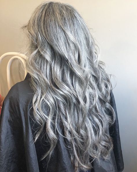 Long Wavy Gray Hair Over 50, Spiral Perm Long Gray Hair, Long Wavy Silver Hair, Lilac Grey Hair, Long Curly Salt And Pepper Hair, Long Layered Curly Grey Hair, Long Grey Hair, Hair Beach Waves, Long Silver Hair