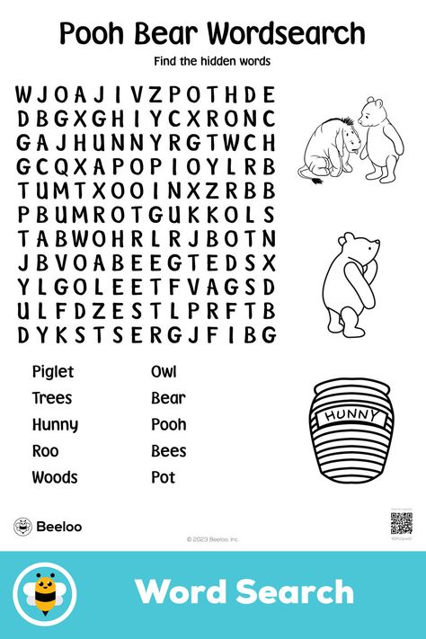 Medium winnie-the-pooh-themed word search for kids ages 5 and up Winnie The Pooh Worksheets, Winnie The Pooh Activities, Word Search For Kids, Pooh Party, Math Sheets, Crafts And Activities For Kids, English Exercises, Hidden Words, Word Searches