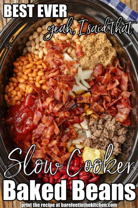 Baked Beans Recipe Crockpot, Crock Pot Baked Beans, Beans Recipe Crockpot, Baked Beans Crock Pot, Simply Happy Foodie, Slow Cooker Baked Beans, Best Baked Beans, Baked Beans With Bacon, Beans In Crockpot