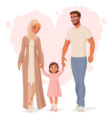 Muslim Family Cartoon, Family Cartoon Illustration, Holding Hands Illustration, Family Holding Hands, 3 Daughters, Family Vector, Muslim Style, Muslim Family, Family Cartoon