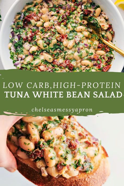 We’re totally hooked on this Tuna-White Bean Salad with sun-dried herby tomatoes, fresh Italian parsley, creamy white beans, tangy red onions, olive-oil-packed tuna, and a zippy vinaigrette! #dinner #best #quick #easy #simple #lowcarb #highprotein #tunawhitebean #salad White Bean And Tuna Salad Recipes, Tuna And White Beans, White Bean And Tuna Salad, Easy Healthy Tuna Salad, Mediterranean Tuna Recipes, White Bean Tuna Salad, Tuna And Bean Salad, Tuna Salad Lunch Ideas, High Protein Bean Salad