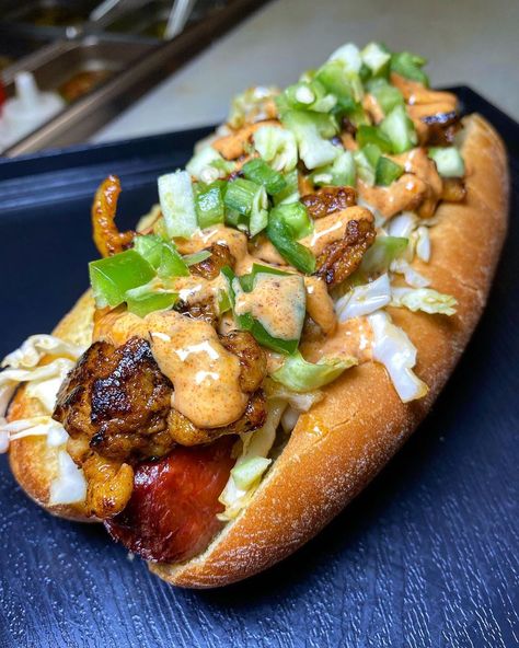 Buldogis Gourmet Hot Dogs on Instagram: “Spicy pork bulgogi, Asian slaw, jalapeños and fiery aioli makes our "Angry Dog" one of the most popular menu items! ⁣ ⁣ We have limited…” Korean Sandwich, Gourmet Hot Dogs, Refreshing Drinks Recipes, Hot Dog Recipes, Spicy Pork, Food Babe, Bulgogi, Animal Photos, Food Goals