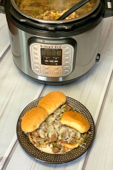 Philly Cheesesteak Sloppy Joe Sandwich in Instant Pot - Plowing Through Life Philly Cheesesteak Sloppy Joe, Ground Beef Philly, Philly Cheese Steak Sandwich Recipe, Philly Steak Sandwich, Joe Sandwich, Instant Pot Ground Beef, Crock Pot Sloppy Joes, Philly Cheesesteak Sloppy Joes, Grilled Burger Recipes