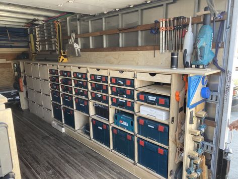 Work truck organization and set up used by Chad Reitan at AC Designers and Craftsmen for rough and finish carpentry, cabinetry and architectural woodwork and millwork.  Passenger side Box Truck Shelving Ideas, Job Trailer Organization, Work Trailer Organization Ideas, Diy Van Storage Ideas, Trailer Layout, Trailer Shelving, Work Truck Organization, Construction Trailer, Container Workshop