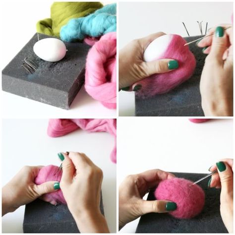 This little project is a good introduction to needle felting as you don’t have to worry about shaping the egg, just the surface decoration. If you are new to the concept of needle felting, have a read of my Needle Felting Basics tutorial. You will need: -1 x Styrofoam egg shape -wool roving in your chosen colours, You will not... Felted Easter Eggs, Needle Felted Easter, Tovad Ull, Easter Craft Projects, Needle Felting Tutorial, Fun Easter Crafts, Needle Felting Diy, Needle Felting Tutorials, Needle Felting Kits