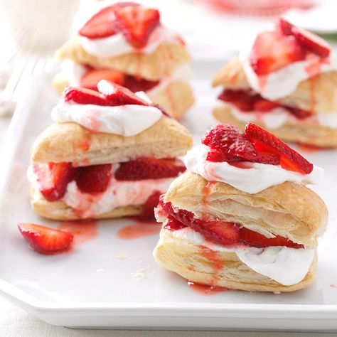 Strawberry Shortcake Puffs Recipe -When my wonderful friend Kelly brought me a pint of strawberries, I didn’t want to just eat them straight (tempting as it was). I decided to make strawberry shortcake with my own pretty, elegant spin. These light and airy puff pastry stacks let the fruit shine. —Jenny Dubinsky, Inwood, West Virginia Desserts Potluck, Napoleons Recipe, Strawberry Sheet Cakes, Puff Pastry Recipes Dessert, Mousse Au Chocolat Torte, Strawberry Shortcakes, Puff Pastry Desserts, Potluck Desserts, Easy Puff Pastry