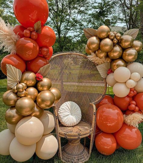 Burnt Orange Party Theme, Orange And Gold Party Decor, Rust Party Decor, Earth Tone Party Decorations, Orange Graduation Party, Spring Birthday Party, Balloons Galore, Orange Birthday, Deco Ballon