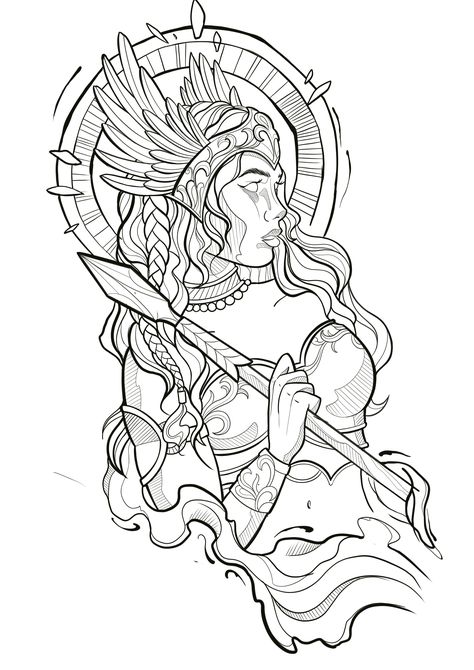 Greek Stencil Tattoo, Athena Tattoo Stencil, Greek Mythology Tattoo Stencil, Greek Gods Coloring Pages, Warrior Coloring Pages, Valkyrie Tattoos, Athena Tattoo, Female Warrior Tattoo, Valkyrie Tattoo