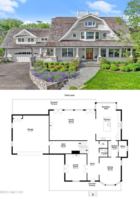 Shingle-Style LUXURY 5-Bedroom Gambrel-Roof Style Home with BONUS Space Above the Garage (4,986 Sq. Ft. Floor Plan) Farmhouse Floorplans, Gambrel Style, Porch House Plans, Gambrel Roof, Shingle Siding, Shingle Exterior, Interior Design Software, Front Doors With Windows, Roof Styles