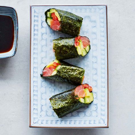 Easy Smoked Salmon Seaweed Wraps Recipe | Recipes from Ocado Salmon Avocado Cucumber, Seaweed Wraps, Traditional Sushi, Seaweed Wrap, Pescatarian Diet, Salmon Soy Sauce, Avocado Cucumber, Edamame Beans, Salmon Avocado