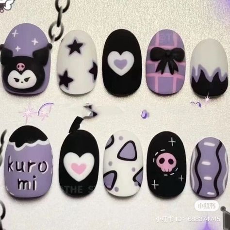 Easy Kuromi Nails, Kuromi Nails For Kids, Kuromi Nails Acrylic Short, Kuromi Nails Short Simple, Sanrio Nail Art Kuromi, Kuromi Nail Designs, Sanrio Nail Designs, Kuromi Nails Short, Nail Art Cute Kawaii