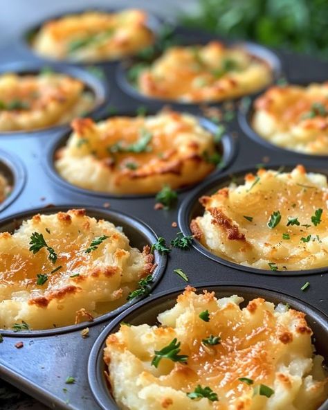 Created these for our recent game night and they were a huge success! Potatoes In Cupcake Pan, Cheese And Potato Recipes, Potatoe Appetizer, Potatoes In Muffin Tin Recipe, Asparagus Ideas, Asparagus On The Grill, How To Grill Asparagus, Mashed Potato Cups, Grill Asparagus