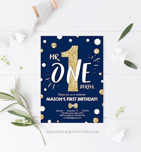 Editable Mr Onederful Birthday Invitation Gold Bow Tie Navy Blue Boy First Birthday Confetti 1st Download Printable Corjl Template 0072 Onederful Birthday Invitation, Mr Onederful Birthday Invitations, Mr Onederful Birthday, Onederful Birthday, Mr Onederful, Gold Bow Tie, Birthday Confetti, Outer Space Birthday, First Birthday Banners