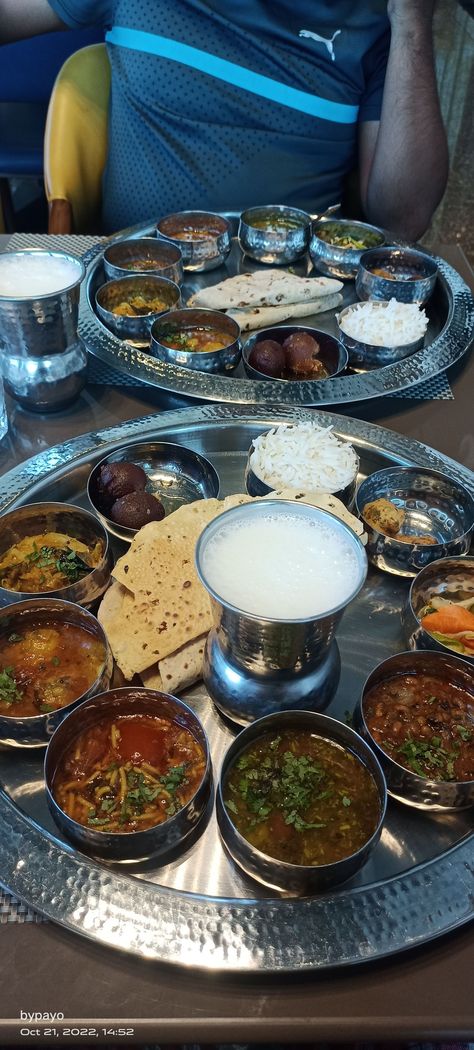 Try it .Gujarati thali include 5 type of sabji , dal , rice , sweet, roti , papad , salad , buttermilk 🤤 Gujarati Thali, Dal Rice, Indian Food, Buttermilk, Try It, Indian Food Recipes, Instagram Story, Rice, Salad