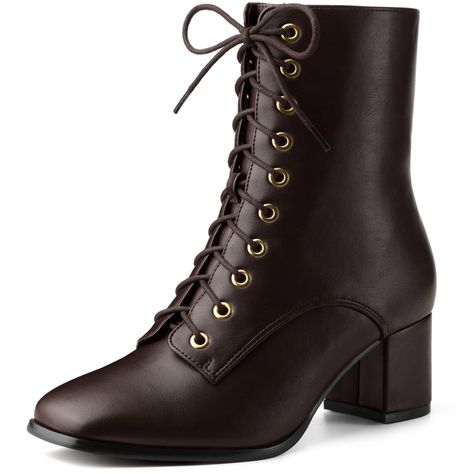 These chic square-toe booties are designed with a front lace-up, and side zipper and feature a block heel for a contemporary update. And they can allow the toes to move comfortably. Lace Up Ankle Boots; Square Toe; Chunky Heels; Block Heel; Side Zipper; Vamp: Faux Leather; Outsole: Rubber; Heel: ABS; Heel Height: 2 3/8 inches; Shaft Height: 6 1/2 inches. Cottagecore Boots, Lace Up Chunky Heels, Brown Lace Boots, Heels Block Heel, Ankle Combat Boots, Heels Block, Witch Boots, Lace Ankle Boots, Boots Square Toe