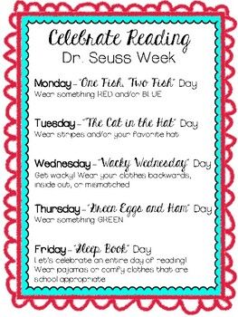 Who doesn't love Dr. Seuss?! Get your classroom, grade-level or entire school in the spirit of reading by celebrating Dr. Seuss! Print this Simply First Dr. Seuss Week schedule to send home with all your students for a Seuss-tastic week of fun and of course, READING!! Both color, and black & whi... Dr Seuss Spirit Week Ideas, Dr Seuss Spirit Week, Spirit Week Ideas, Dr Seuss Preschool Activities, Dr Seuss Preschool, Dr Seuss Activities, Hop On Pop, Dr Seuss Week, Dr Seuss Day