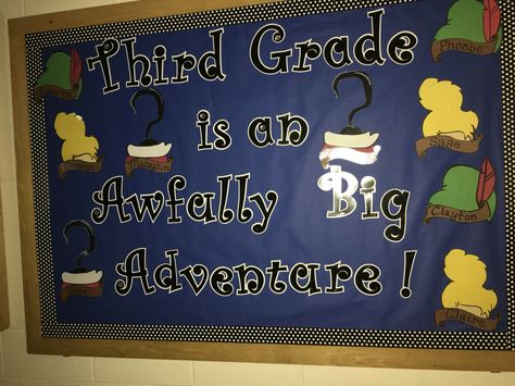 Peter Pan Bulletin Board Ideas, Fairy Tail Bulletin Board Ideas, Disney Classroom Ideas Bulletin Boards, Peter Pan Bulletin Board, Peter Pan Door Decorations Classroom, Peter Pan Classroom, Fairytale Classroom, Disney Themed Reading Bulletin Board, Summer Bulletin Boards