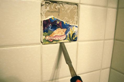 Replace Shower Tile, Redo Bathroom, Beach Townhouse, Shower Accent Tile, Stairs Bathroom, Bathroom Revamp, Bathroom Tile Diy, Ugly Fish, Easy Tile