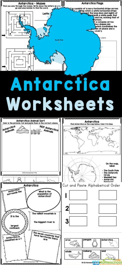 Ready to learn about Antarctica for Kids? Come learn someinteresting Antarctica facts in our free printable Antarctica worksheets! These antarctica printables are a great way to work on reading and geography skills as you explore one of the most fascinating places on earth. Kids of all ages will have fun learning about the continent of Antarctica with themed activities for pre-k and kindergarten plus antarctica outline map printable and activities for elementary age students. Social Studies Activities For Kindergarten, Antarctica Activities For Kids, Antarctica Crafts For Kids, Continent Worksheet, Antarctica Crafts, Antarctica Activities, Worksheets For Elementary, Basic Geography, Preschool Boards