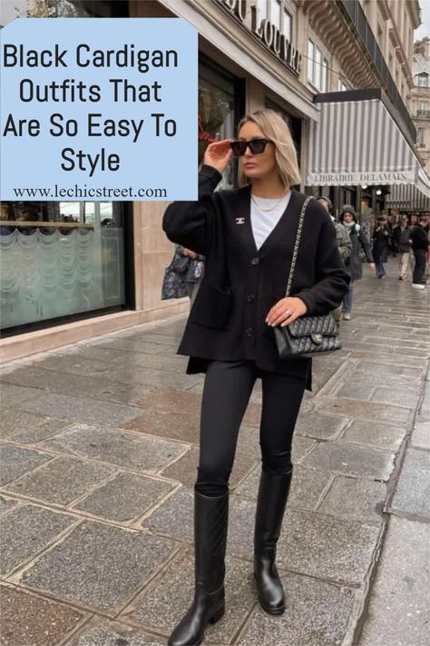 Black Cardigan Outfits That Are So Easy To Style. Looking for ways to style the humble cardigan? There are plenty of cardigan outfit and cardigan outfits to wear fall fashion or spring fashion. Find inspo for black cardigan outfits to wear with almost any wardrobe essential. The black cardigan sweater is needed in all wardrobe. Find black cardigans outfit inspo. #cardigan #cardiganoutfit #blackcardigan #blackcardiganoutfit #cardiganoutfits Black Oversized Cardigan Outfit, Oversized Black Cardigan Outfit, How To Style A Black Cardigan, Black Cardigan Outfit Aesthetic, Boyfriend Cardigan Outfit, Long Black Cardigan Outfit, Black Cardigan Outfits, Maxi Cardigan Outfit, Short Cardigan Outfit