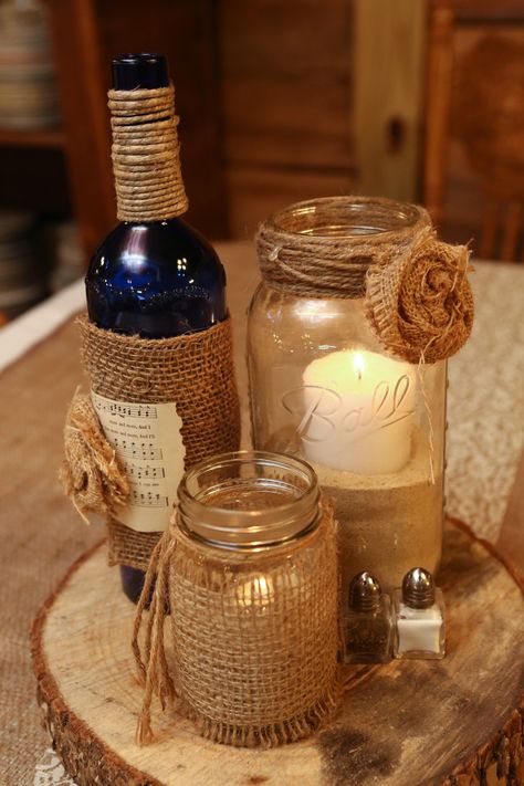 Beer Bottle Centerpieces, Decorating With Mason Jars, Beer Bottle Decor, Twine Wrapped Bottles, Jar Centerpiece Wedding, Burlap Centerpieces, Lace Mason Jars, Wedding Centerpieces Mason Jars, Burlap Mason Jars