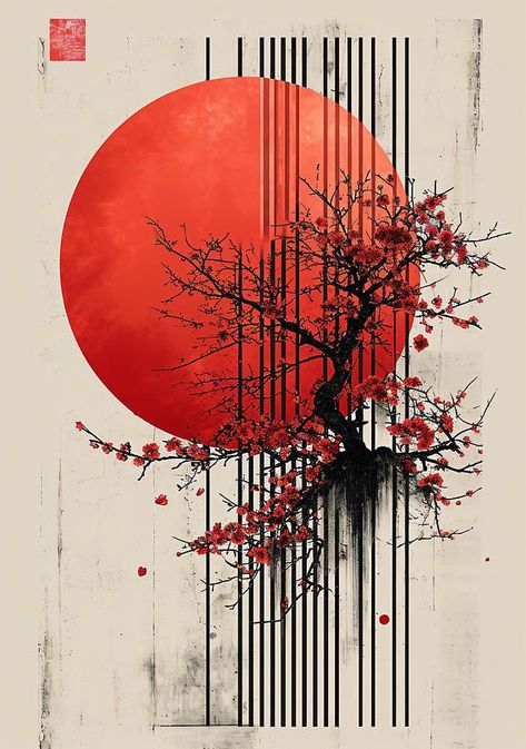 Bonsai Tree Painting, Ink Tattoo Design, Red Tattoo Ideas, Red Ink Tattoo, Naruto Painting, Japanese Art Modern, Birch Tree Art, Japanese Pop Art, Zen Painting