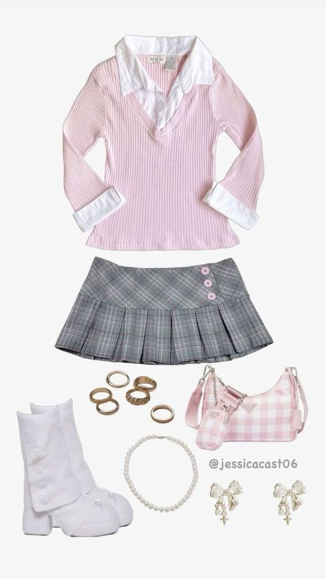 Pink Preppy Fashion, Preppy Style Pink, Bakery Outfit Aesthetic, Girly Preppy Outfits, Shein Coquette Outfits, Coquette Skirt Outfit, Vintage Preppy Outfits, Pink Kpop Outfit, Old Preppy Outfits