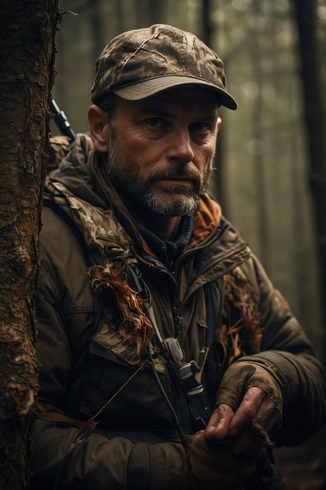 Learn how to hunt, track, and camp in the forest with your best friend. This pin shows two hunters in their 40s wearing camouflage and holding rifles, looking at each other with trust and confidence. 🌲🦌🔫 Forest Survival, Looking At Each Other, In The Forest, Camouflage, Hunting, Best Friends, Track, Forest, Confidence