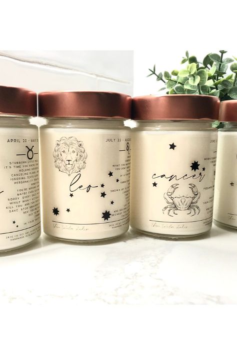 Zodiac Birthday Month Candle Collection Candle Collection Ideas, Candle Theme Ideas, Zodiac Candle Labels, Diy Zodiac Gifts, Zodiac Gifts Ideas, Horoscope Candles, Aries Candle, Zodiac Decor, Aries And Scorpio