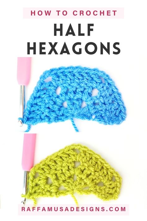 Two double-crochet solid half hexagons. Crochet Hexagon Blanket Edging, How To Crochet Hexagons Together, Crochet Half Hexagon Pattern Free, Half Hexagon Crochet, Honeycomb Granny Square, Half Hexagon Crochet Pattern, Crochet Half Hexagon, Crochet Reference, Crochet Hexagons