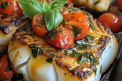 Seared Cod With Tomato Basil Sauce, Pan Seared Cod In Tomato Basil Sauce, Tomato Basil Cod, Pan Seared Mediterranean Cod In Tomato Basil Sauce, Pan Seared Mediterranean Cod, Seared Fish Recipes, Mediterranean Fish Recipes, Greek Food Gyros, Autumnal Recipes