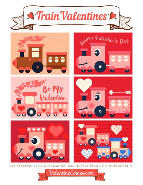 Free printable train Valentine cards. Download the Valentines in PDF format at http://valentinecorner.com/download/valentines/train/ Train Valentines Boxes, Diy Car Valentines For Kids, Train Valentine Box Ideas, Train Valentines For Kids, Train Valentine Cards, Truck Valentine Card, Train Valentine, Valentine Bulletin Boards, Valentine Craft