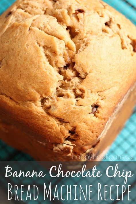 Banana Chocolate Chip Bread Machine Recipe - Happy Hooligans Bread Machine Banana Bread Recipe, Bread Machine Banana Bread, Breadmaker Recipes, Banana Chocolate Chip Bread, Chocolate Chip Bread Recipe, Bread Machine Recipes Sweet, Tea Breads, Easy Bread Machine Recipes, Best Bread Machine