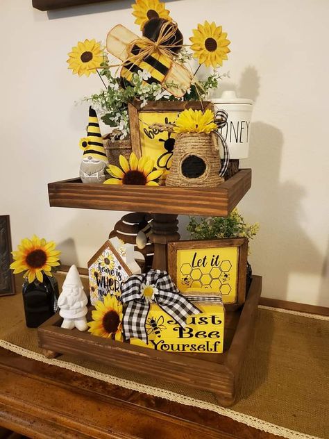 Bee Porch Decor, Bee Tiered Tray Decor, Bee Tiered Tray, Easter Tiered Tray Ideas, Spring Tiered Tray Decor Ideas, Bee Hive Craft, Sunflower Kitchen Decor, Easter Egg Tree, Easter Tree Decorations