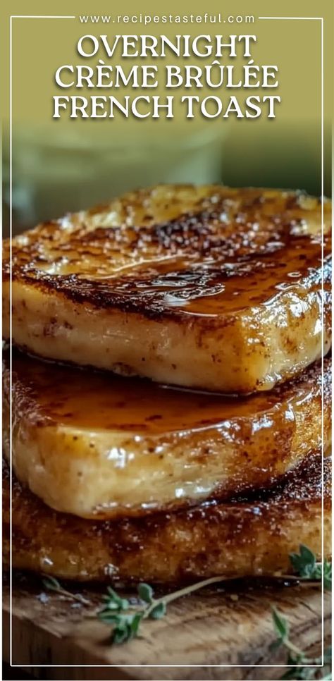 This decadent overnight French toast combines the creamy, custard-like texture of crème brûlée with the rich flavors of French toast. It’s prepared the night before for an easy, no-fuss breakfast or brunch that bakes into golden perfection with a crispy, caramelized sugar topping. Ideal for special occasions, this indulgent dish will have your family and guests coming back for more. Overnight Creme Brulee French Toast Bake, Creme Brulee French Toast Overnight, Honey French Toast, Overnight Crème Brûlée French Toast, Overnight Creme Brulee French Toast, Over Night French Toast, Cream Brulee French Toast, Custard French Toast Recipe, Skillet French Toast