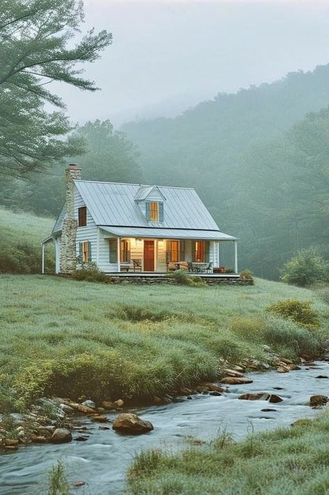 White House With Sage Trim, A Small House, Cottage In The Woods, Dream Cottage, Small Cottage, Cabins And Cottages, Decoration Inspiration, Dream House Exterior, House Goals