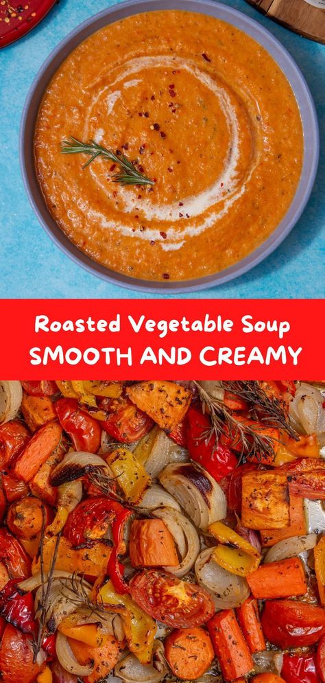 This delicious roasted vegetable soup is not your ordinary veggie soup! It’s made with roasted vegetables that provide deep flavors and an irresistible smoky taste. Once the veggies are roasted, they’re added to the pot and blended together with seasoning to create a delightful, creamy soup. Vegetable Bisque Soup Recipes, Easy Healthy Veggie Soups, Veggie Packed Soup Recipes, Soup Recipes With Vegetables, Roasted Red Pepper And Carrot Soup, Most Delicious Soup Recipes, Roasted Autumn Vegetable Soup, Tomato And Vegetable Soup, Meat Free Soup