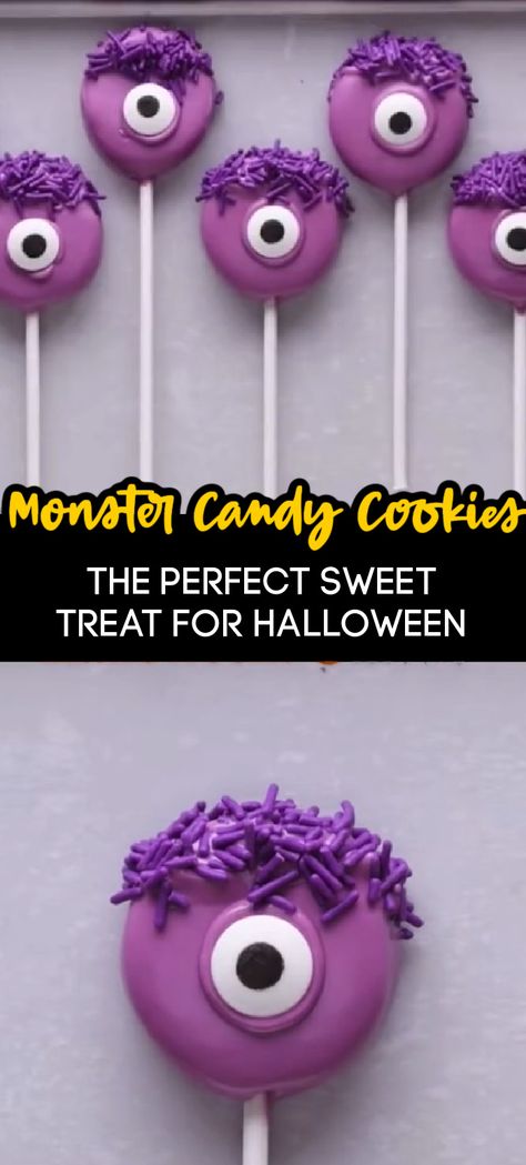 Monster Oreo Pops, Halloween Cookie Pops, Monster Desserts, Monster Oreos, Hocus Pocus Buns, Strawberry Ghosts, Monsters Inc Halloween, Monster Snacks, Purple Cookies