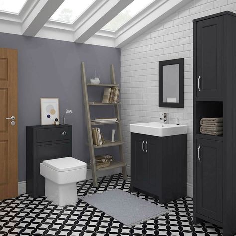 Chatsworth 'Graphite' Grey Bathroom Furniture | 6 Creative Bathroom Furniture Ideas Bathroom In Black, White Flooring, Toilet Unit, Green Vanity, Blue Vanity, Victorian Bathroom, Creative Bathroom, Toilet Room, Patterned Floor Tiles