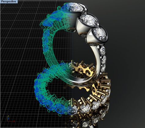 A contrast of a ring during and after the custom process #CustomJewelry #CustomDesignProgram #BeforeAndAfter 3d Jewelry Design, Party Night Club Aesthetic, Crushed Diamonds, 3d Jewelry, Cad Cam, Cad Design, Wireframe, Bespoke Jewellery, Bling Rings