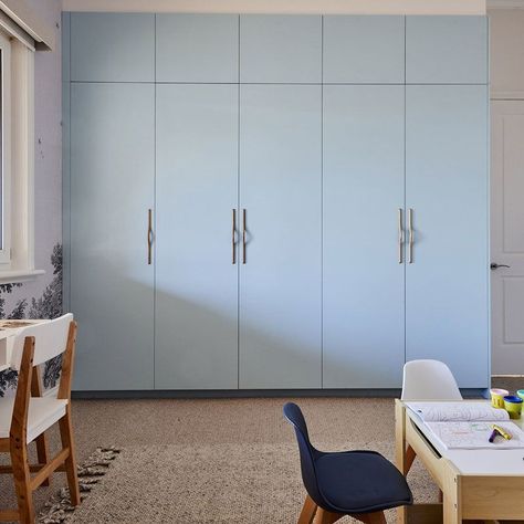 "10 Stunning Bedroom Cupboard Designs to Inspire Your Next Makeover" Light Blue Wardrobe Design, Light Blue Wardrobe Bedroom, Blue Colour Wardrobe Design, Light Blue Cupboards, Wardrobe Design Blue, Blue Cupboards Bedroom, Bedroom Cupboards Colour Combination, Bedroom Furniture Colour Combination, Wardrobe Colours Bedroom