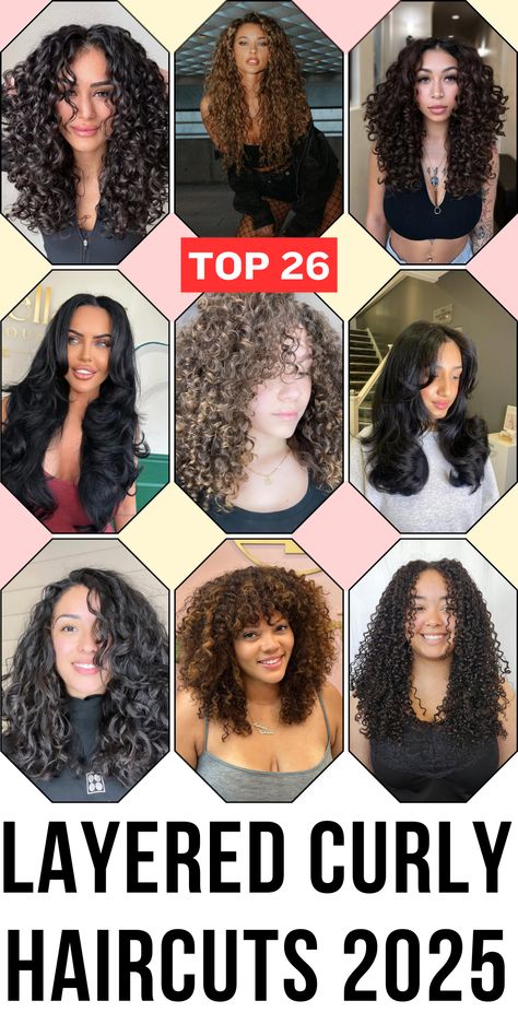 Layered curly haircuts 2025 offer a stylish update for those with natural curls. Whether you have short, medium, or long hair, this trendy look can give your curls a fresh, bouncy feel. For those with 3a or 3b curls, layers help prevent your curls from looking too bulky while giving them shape and volume. If you have medium hair or long hair, consider adding curtain bangs or a side part to accentuate your features. You can even try styling your curls at home for a DIY approach to your layered look. Curls Layers, 3b Curls, Haircuts 2025, Layered Curly Haircuts, Enhance Natural Curls, Curly Haircuts, Voluminous Curls, Long Hair With Bangs, Types Of Curls