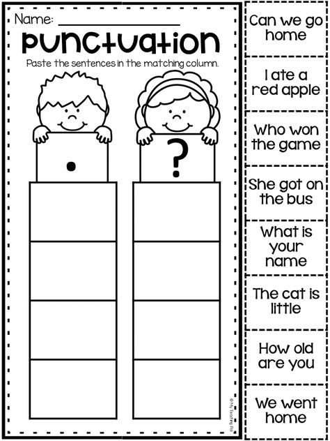 Punctuation Activities For Kindergarten, First Grade Punctuation Activities, Question Mark And Full Stop Worksheet, Grade One Writing Activities, Language Arts Activities For 1st Grade, Full Stop And Question Mark Worksheet, Teaching Punctuation First Grade, Punctuation Activities 2nd Grade, Kindergarten Punctuation Activities