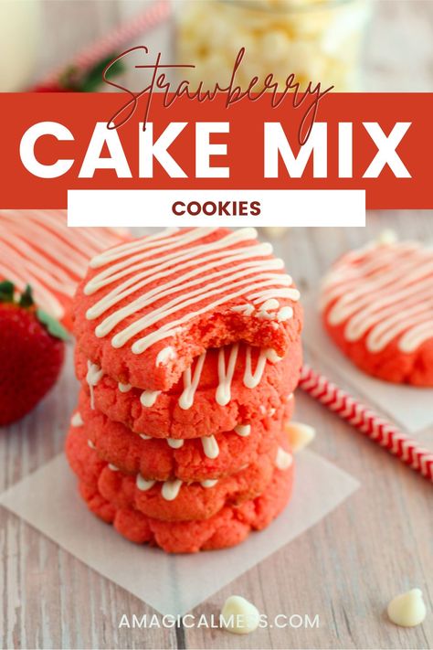 Whip up these delicious strawberry cake mix cookies! Made with just a box of yellow cake mix, strawberry Jell-O, butter, cream cheese, egg, and white chocolate chips. Simple ingredients for a sweet and fruity treat! Cherry Chip Cake Mix, Easy Strawberry Cake, Strawberry Cake Mix Cookies, Strawberry Cake Easy, Strawberry Cake Mix, Cake Mix Cookie Recipes, Strawberry Cookies, Melting White Chocolate, Box Cake Mix