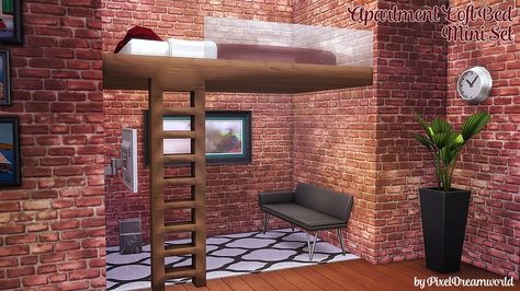 PixelDreamworld — Apartment Loft Bed - A Mini Set By PixelDreamworld... Loft Bed Sims 4, Sims 4 Loft Bed, Double Loft Beds, Sims 4 Loft, A Loft Bed, Sims 4 Beds, Double Bunk Beds, Apartment Loft, Sims 4 Bedroom