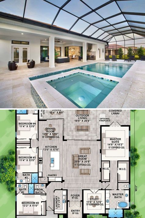 This 2 story Florida house plan has 4 bedrooms and 4.5 bathrooms, and comes with beautiful southern coastal interior decoration and design ideas. View the full floor plan, and blueprint layout of the 2947 sq. ft. luxury Florida mansion dream home with pool and covered lanai at:  https://www.architecturaldesigns.com/house-plans/striking-florida-house-plan-86018bw?cjevent=4bcb7a469b2911ea81ac06580a180510 #blueprint #floorplan #2story #FloridaHomes One Floor Mansion House Plans, Florida One Story House Plans, Modern Florida House Plans, House Plans With Pool And Guest House, 4 To 5 Bedroom House Plans, House Plan With Pool Bathroom, 5 Bedroom Florida House Plans, Coastal House Layout 2 Story, House Plans With Pool In The Middle