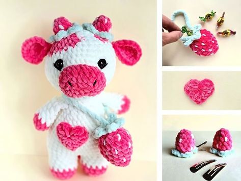 Cute Crochet Cow Patterns - Beautiful Dawn Designs Animal Plush Pattern, Strawberry Cow Plush, Toys Quotes, Plushie Ideas, Plush Crochet Pattern, Stuffed Cow, Crocheted Cow Pattern, Cow Plush, Crochet Toys Free Patterns